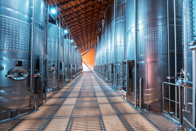 18 May 2021 Armenia Wines factory Armenia Large metal vats in which wine is fermented at the winery Concept of technologies and equipment for the production of alcoholic beverages