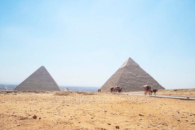 18 mei 2021. Gizeh, Caïro, Egypte. toeristen in een paardenkoets met de oude piramides van Gizeh op de achtergrond