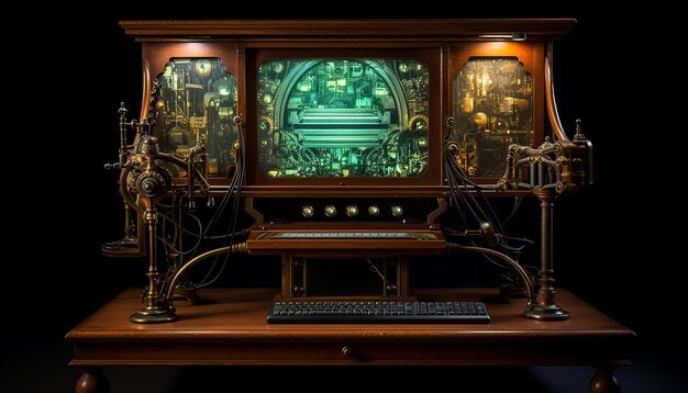 1848 Memex design antique computer dual screens glowing with processing