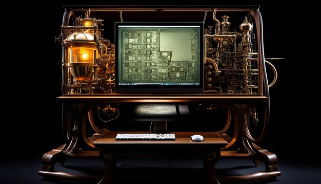 Photo 1848 memex design antique computer dual screens glowing with processing