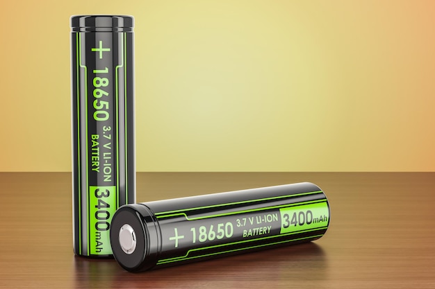 18650 Rechargeable Liion Batteries on the wooden table 3D rendering