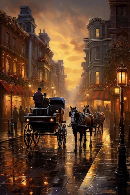 Foto 1882 stadsbeeld paardentrekkers bruisende straten gaslampen die gloeien in de schemering vintage sfeer