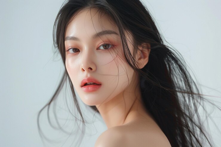 18살의 한국인 모델, 긴 머리카락을 고 멋진 사진을 찍는다.