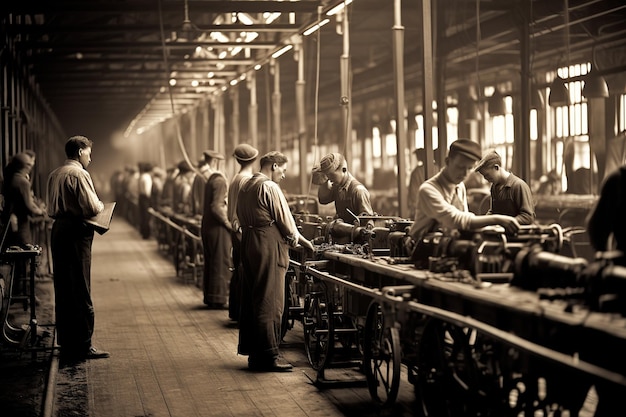 Foto linea di assemblaggio industriale degli anni '20 in sepiatoned nero e bianco