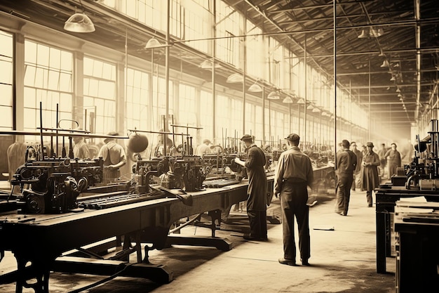 Промышленная сборочная линия 1920-х годов в SepiaToned черно-белом