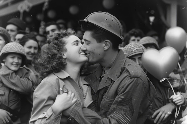 Foto 1945 overwinningsviering soldaten hereniging met verpleegster vriendin gevangen in menigte vreugdevolle momenten