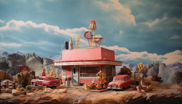 Photo 1950s americana diorama close up detailed retrofuturism