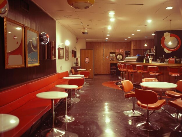 Кофейня на лунной базе 1960-х годов, подающая космические напитки, винтажный космический декор