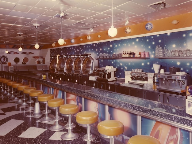 1960 年代の月面ベースのコーヒーショップで宇宙のビールを提供するヴィンテージの宇宙装飾