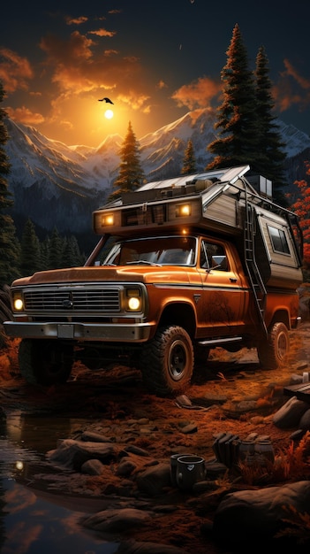 A 1970 F250 4x4 with big tires sits next to a campfire at night Ceated with Generative AI