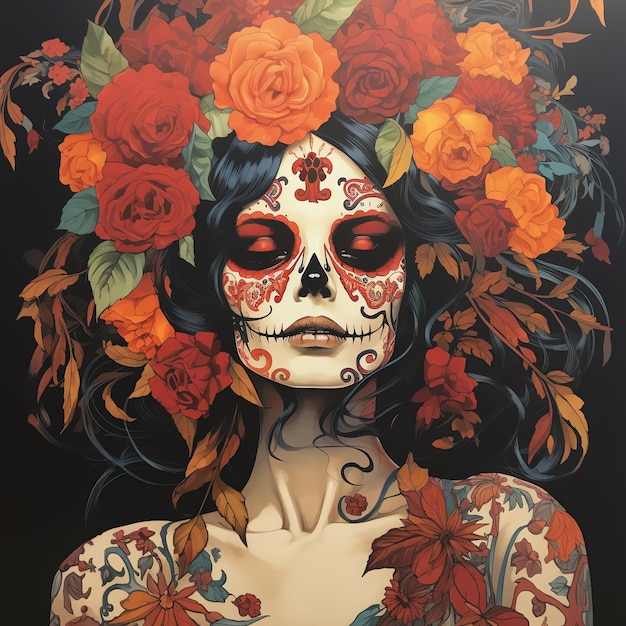 Foto 1970 poster skeletmeisje met bloemen op haar hoofd mexicaanse dia de muertos dag van de doden