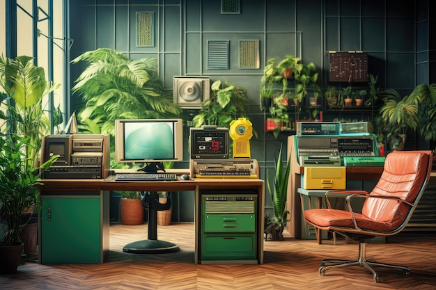 1970s or 1980s styled office Interior Vintage computers