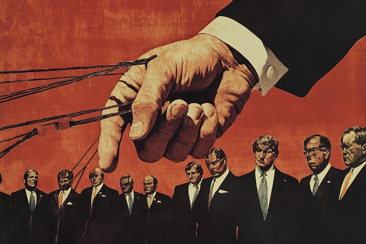 Photo 1970s cover art featuring a hand pulling the strings of a puppet retro design