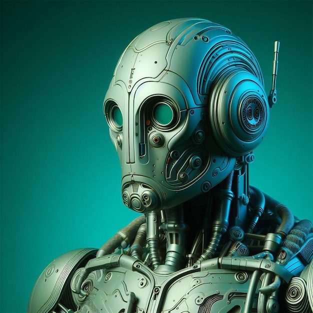 1970s sci robot portrait studio light on an emerald colored background JPG