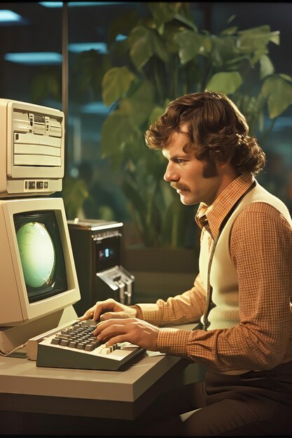 Photo 1970s tech office scene with a man coding on a vintage computer ideal for use in retro technology training and educational materials