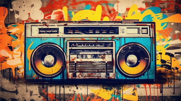 1980's retro boombox in een met graffiti bedekte kamer