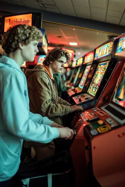 1980s arcade Enthusiastic gamers compete on retro arcade machines surrounded by neon lights and clas