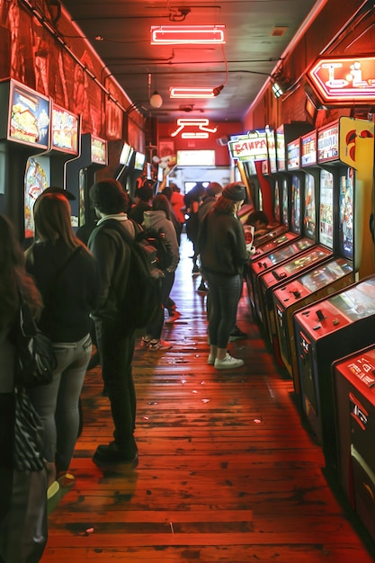 Photo 1980s arcade enthusiastic gamers compete on retro arcade machines surrounded by neon lights and clas