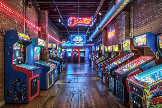 1980s arcade Enthusiastic gamers compete on retro arcade machines surrounded by neon lights and clas