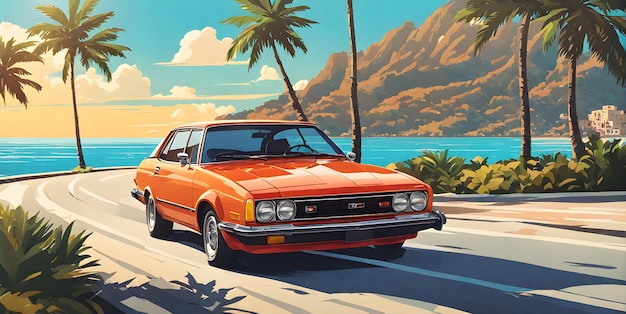 1980s car cruising along Italian coastline minimalist summer scene