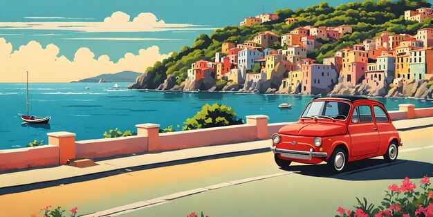 1980s car cruising along Italian coastline minimalist summer scene