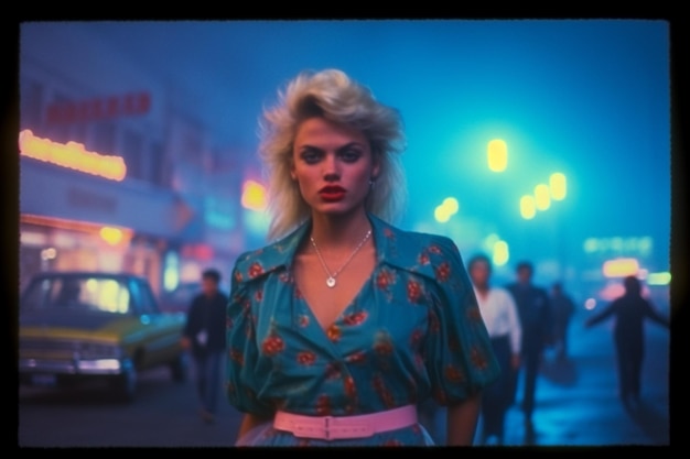 1980s high gloss fashion 80er Jahre Retro 1980s stylish Neon farben Popular street fashion 8039s colorful clothes with big hair teenagers dressed era of disco music Generative AI