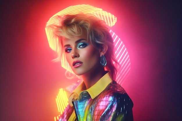 1980s high gloss fashion 80er Jahre Retro 1980s stylish Neon farben Popular street fashion 8039s colorful clothes with big hair teenagers dressed era of disco music Generative AI