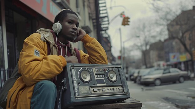 Photo an 1980s hip hop style boombox radio stereo in the style of retro photography