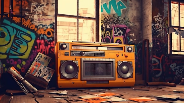 1980s retro boombox in graffiticovered room