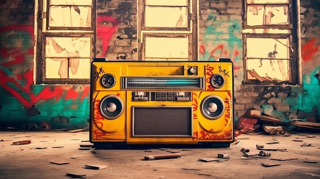 1980s retro boombox in graffiticovered room