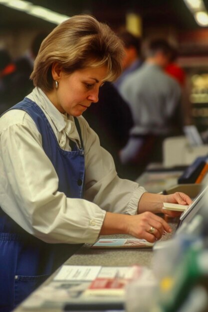 Foto 1980s vrouwelijke arbeider die machines bedient