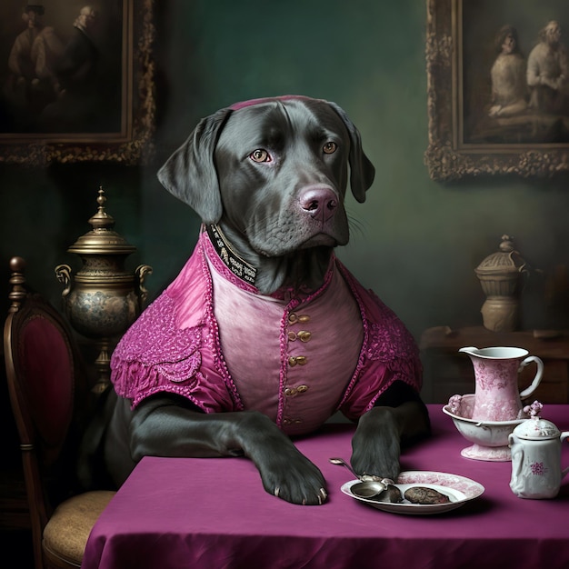 19e-eeuws aristocratenportret van een antropomorfe zwarte labrador in magenta kleding.