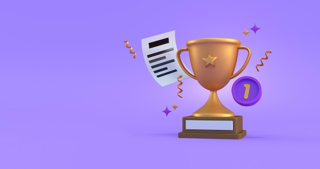 1st place trophy award in purple background 3d render