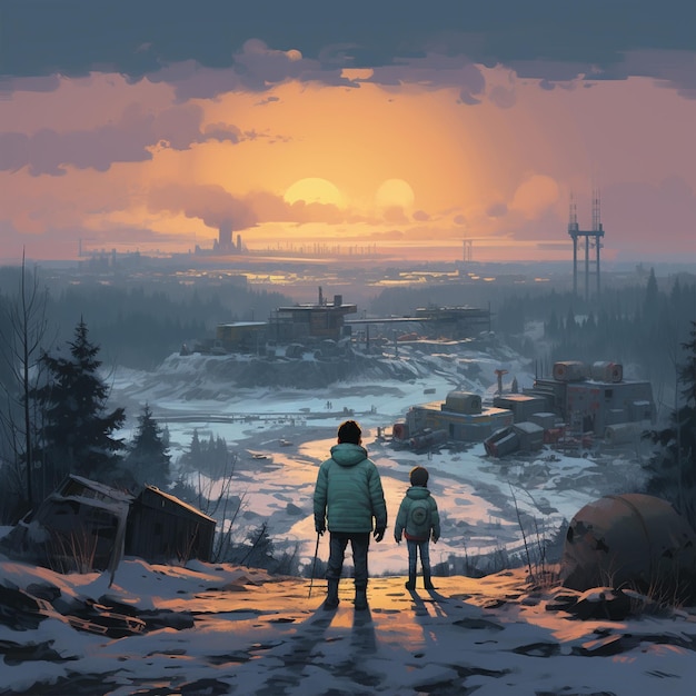 A 2 boys with nature landscape gamer illustration