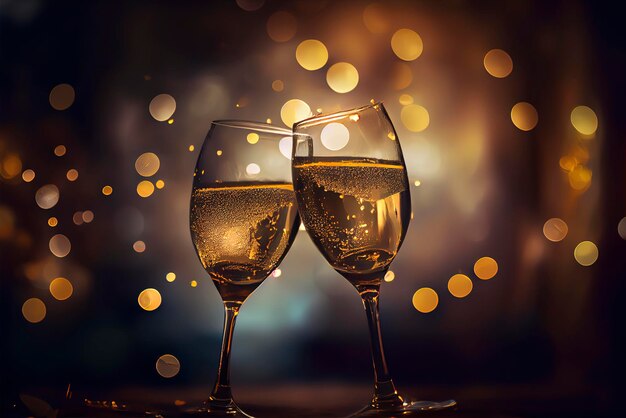 2 champagne glasses with a blurred golden bokeh lights in background