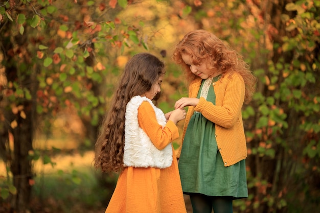 2 cheerful brunette and redhead girls for a walk in the autumn park.