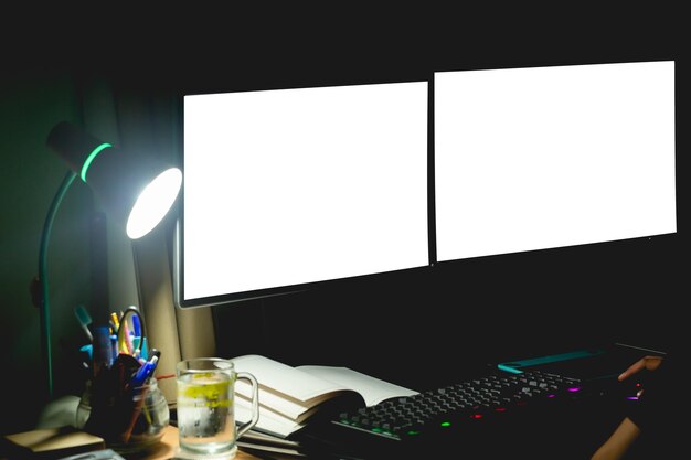 2 computer monitors on the desk at night