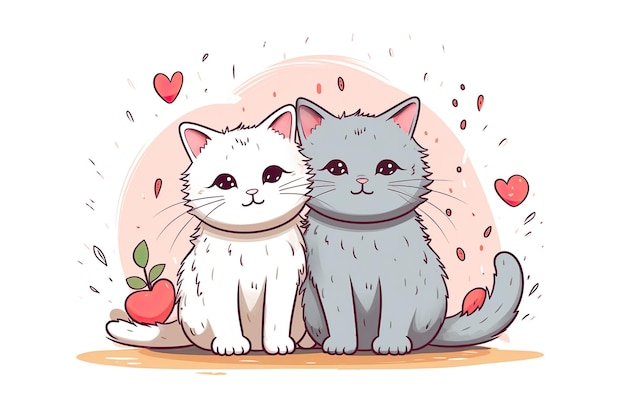 2 귀여운 고양이와 재미있는 고양이 낙서 벡터 흰색 배경에 행복한 국제 고양이의 날