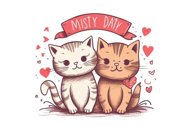 2 Cute cat and funny kitten doodle vector Happy international cat day on white background