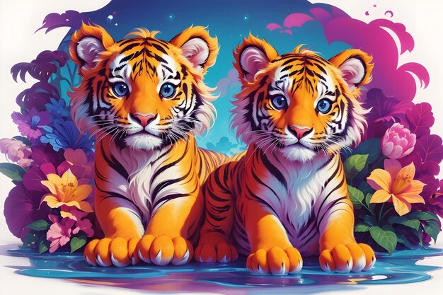 2 cute tiger with coloful flower