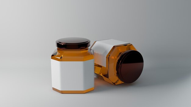 Photo 2 glass honey jar label mockup 3d with white background