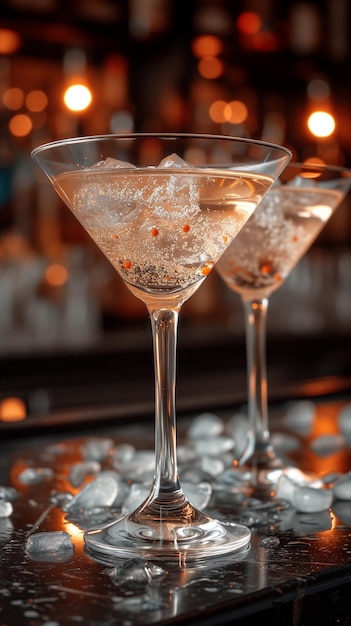 2 glazen martini met ijs op de bar toonbank humeurige donkere achtergrond