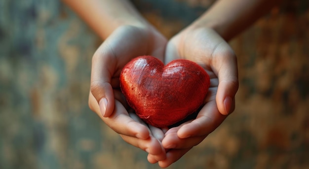 Photo 2 hands holding a red heart in hand