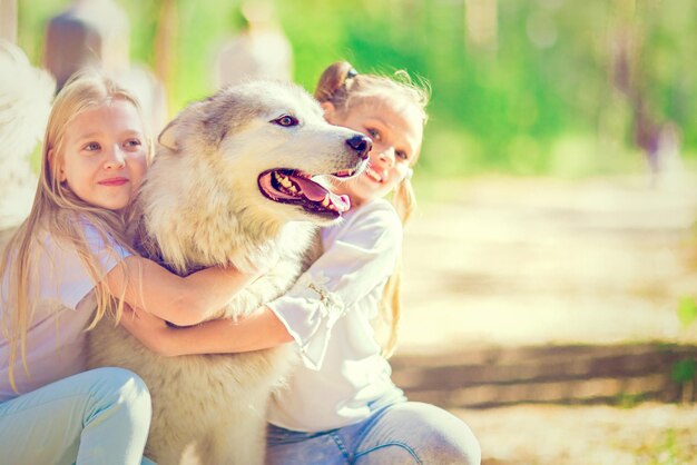 2 ragazze felici che abbracciano un cane nella foresta estiva