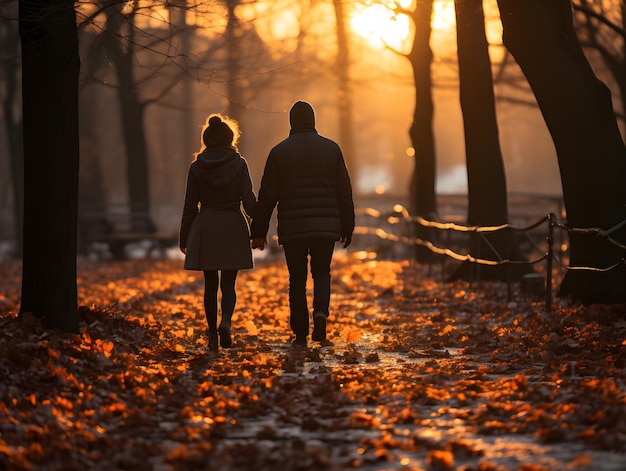 2 koppels die in het bos lopen richting zonsondergang en elkaars hand vasthouden, van achteren geschoten