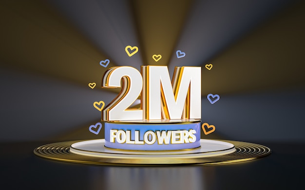 Celebrazione di 2 milioni di follower grazie banner social media con riflettori sfondo oro 3d