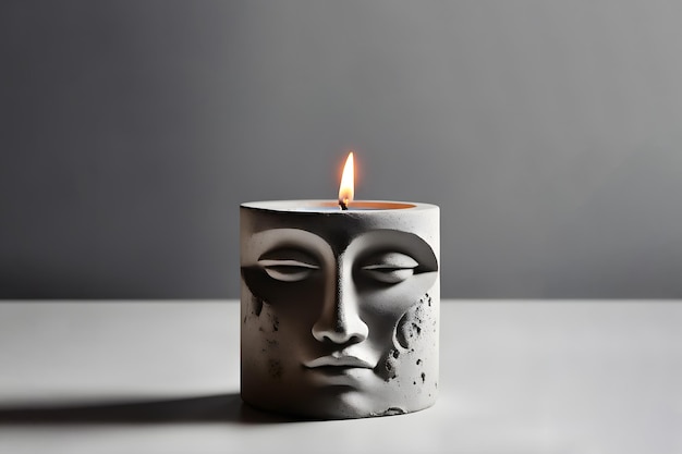 2 minimalistic concrete candle holders stone faces on grey background