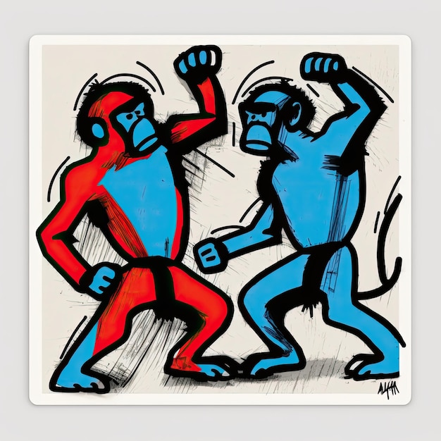 2 monkeys fight Basquiat style sticker graffiti design tattoo expressionism clipart vector flat