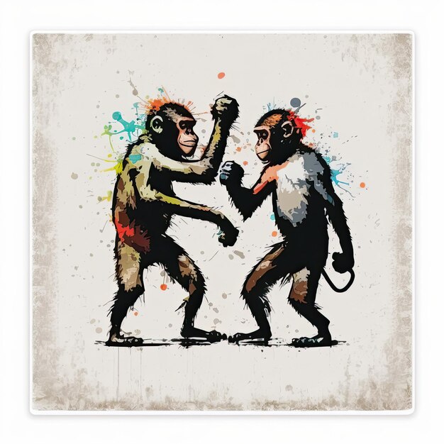 2 원숭이 싸움 Basquiat 스타일 스티커 낙서 디자인 문신 표현주의 클립 아트 벡터 플랫