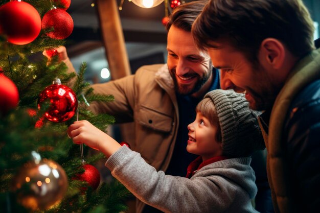 2 parents putting a Christmas ball on the tree with their son